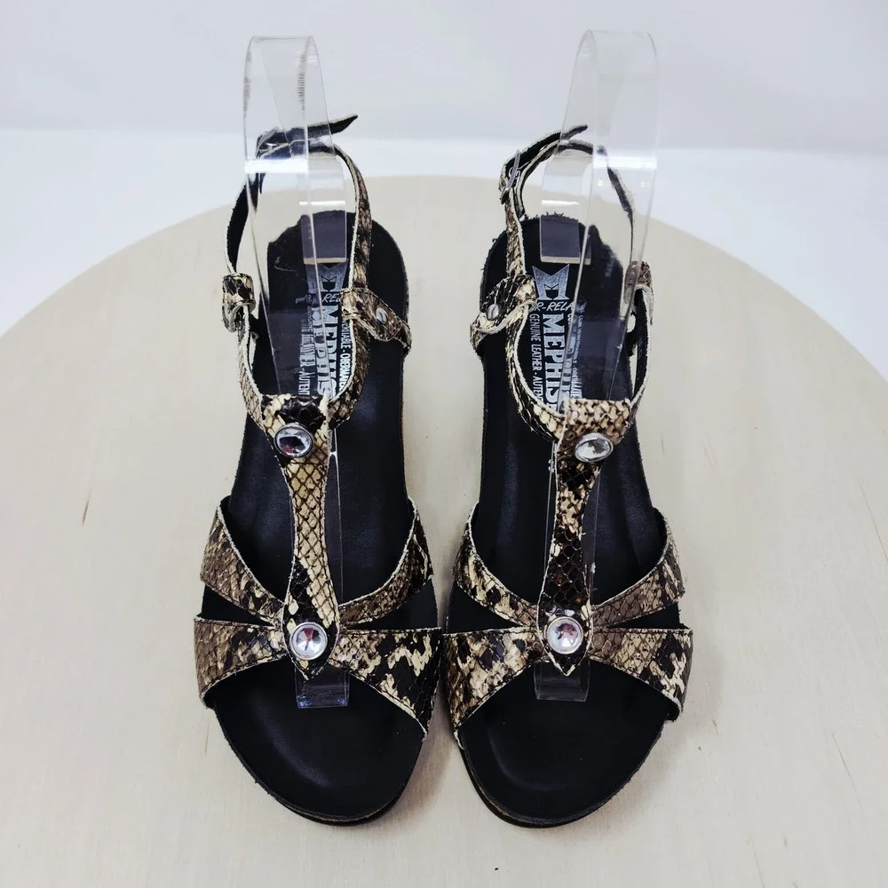 Mephisto Wedge Sandal US 7 Women Snake Print Leather Cork EU 37 Feminine T Strap